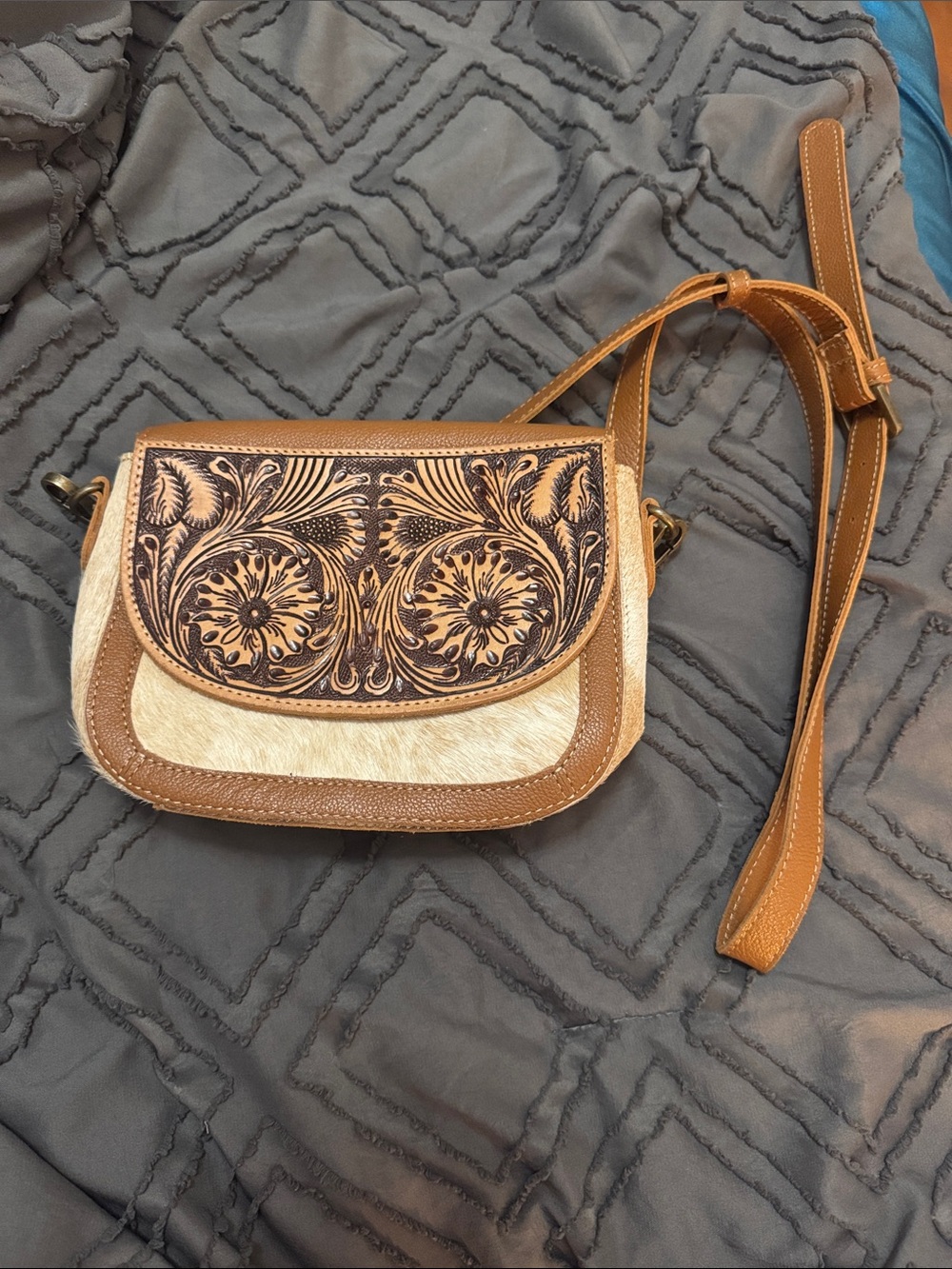 Myra Bag Tan Leather Crossbody with Cream Haircalf and Tooled Flap